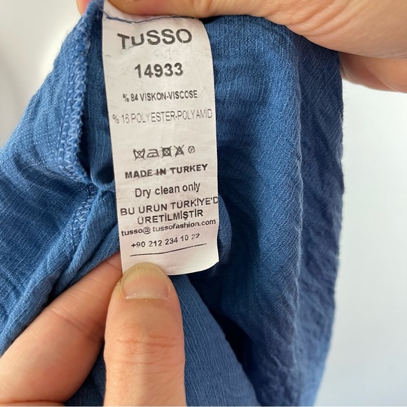 Tusso Crinkle Short Sleeves Kaftan Midi Dress Pockets Blue 2 / M Lagenlook Flowy - Picture 11 of 12